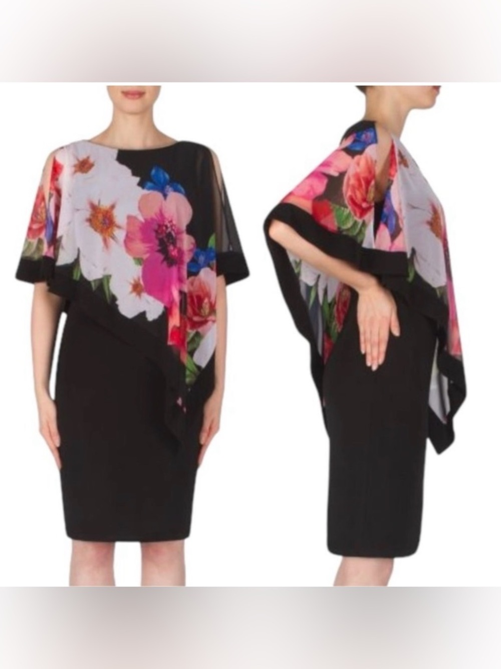 Joseph Ribkoff Black Sheath Dress with Pink & White Floral Overlay
